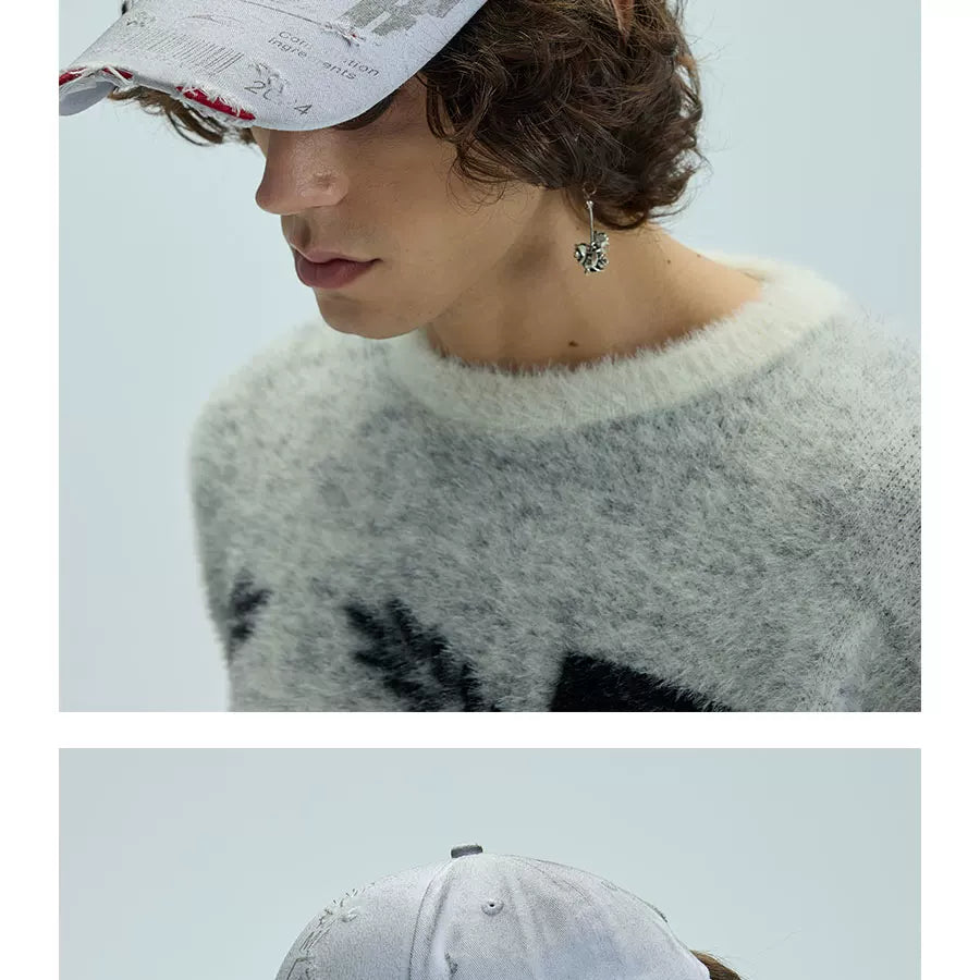 White Distressed Printed Long Brim Cap