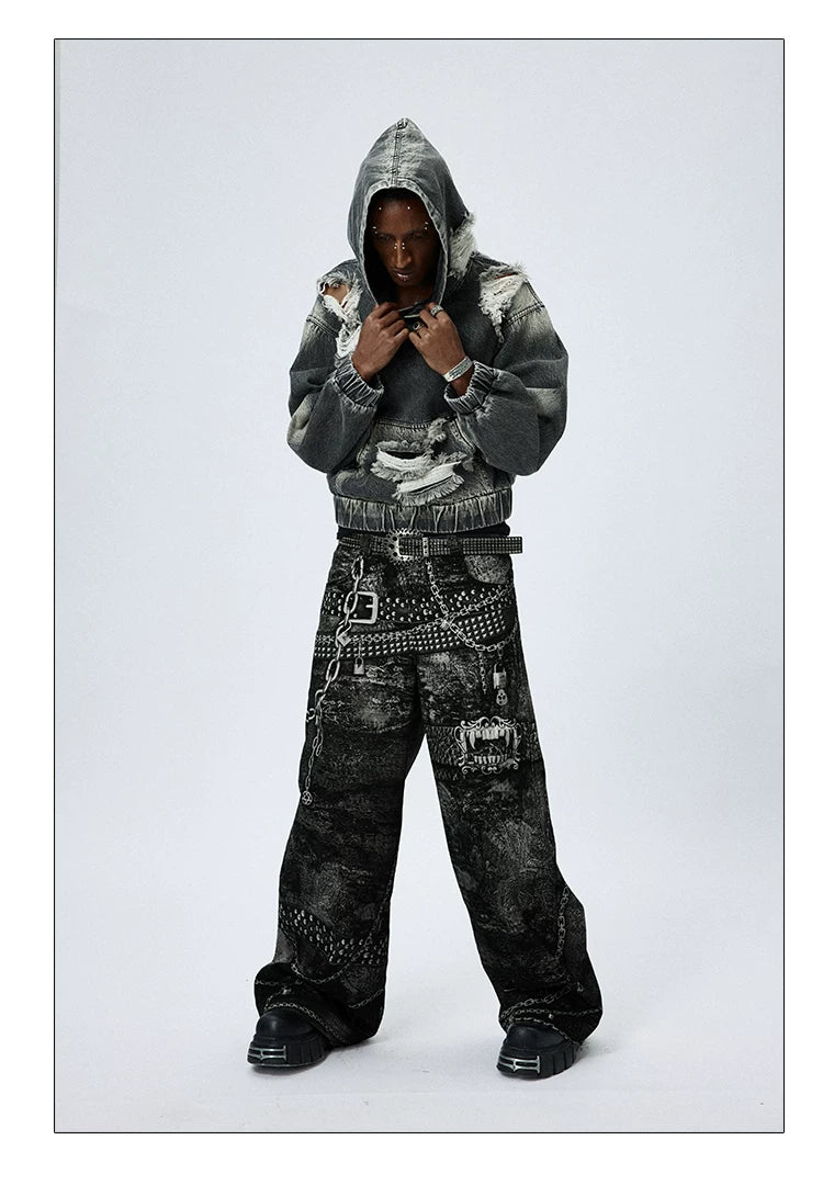 Washed Distressed Drop Shoulder Cropped Hoodie