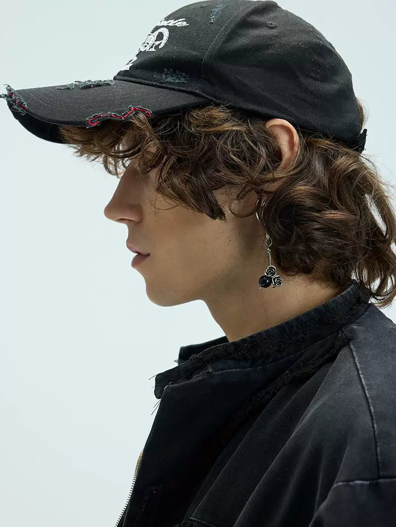 Long Brim Red Embroidered Distressed Cap