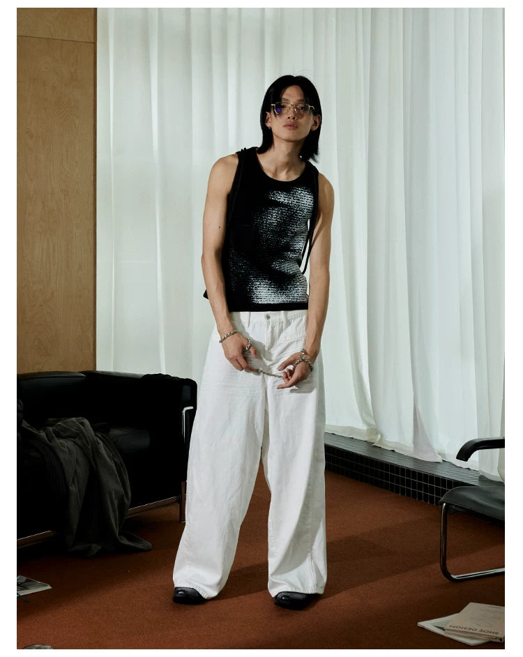Pleated Distressed White Baggy Denim Jeans