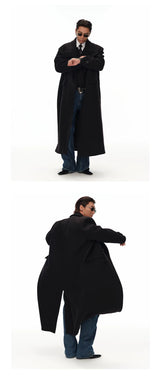 Men's Long Black Double-breasted Wool Coat