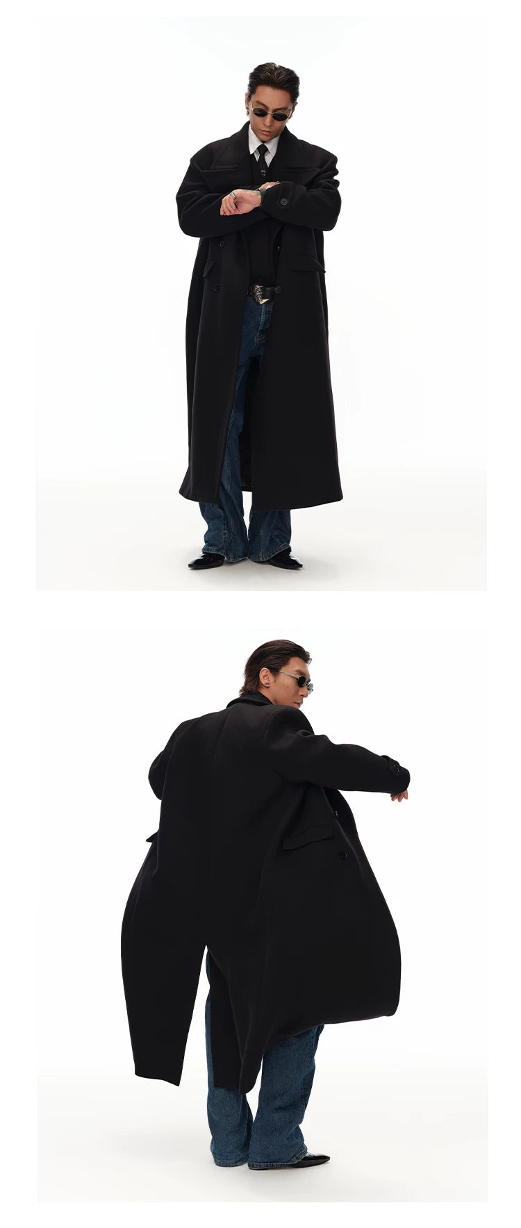 Men's Long Black Double-breasted Wool Coat