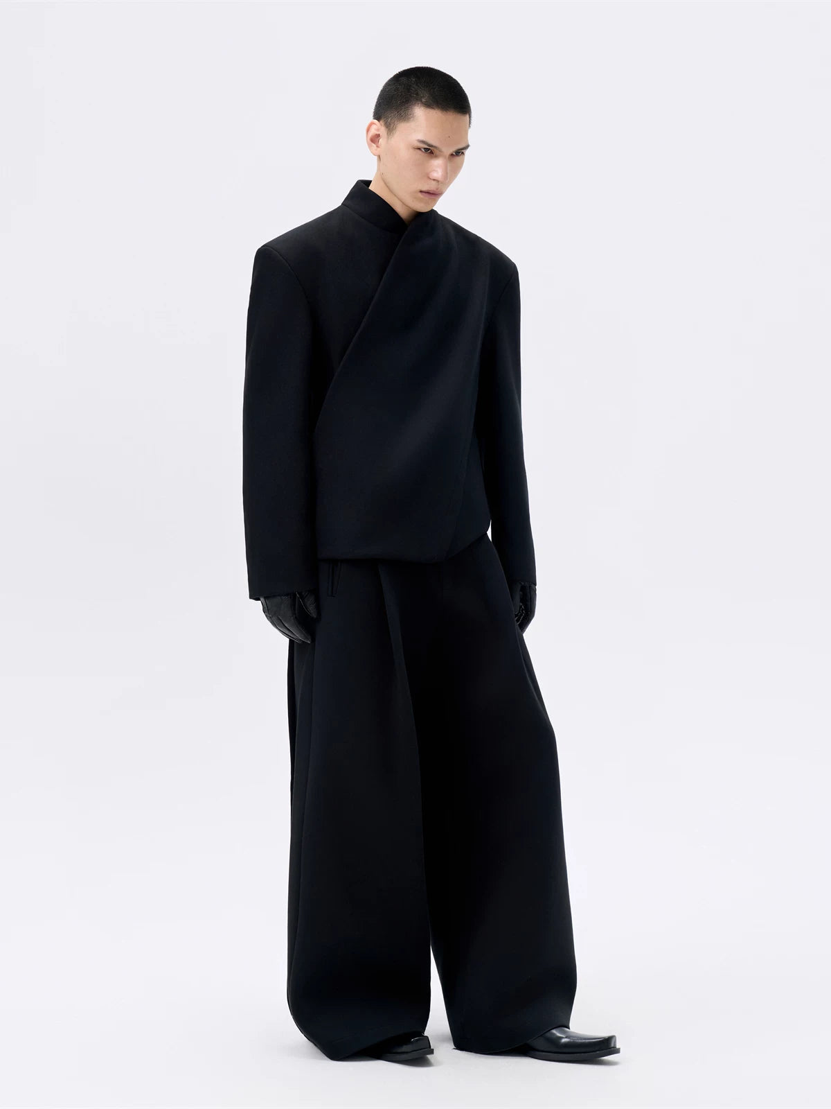 Cropped Deconstructed Waist-cinched Stand Collar Jacket
