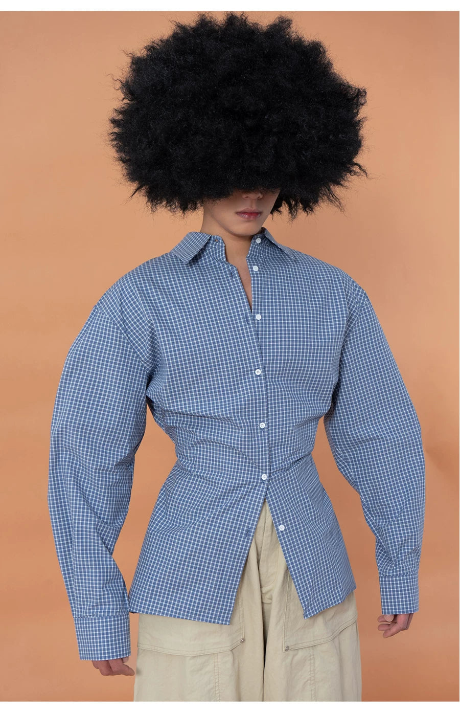 Unisex Fitted Blue Plaid Long-sleeve Shirt
