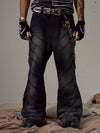 Black Washed Distressed Straight Flared Jeans