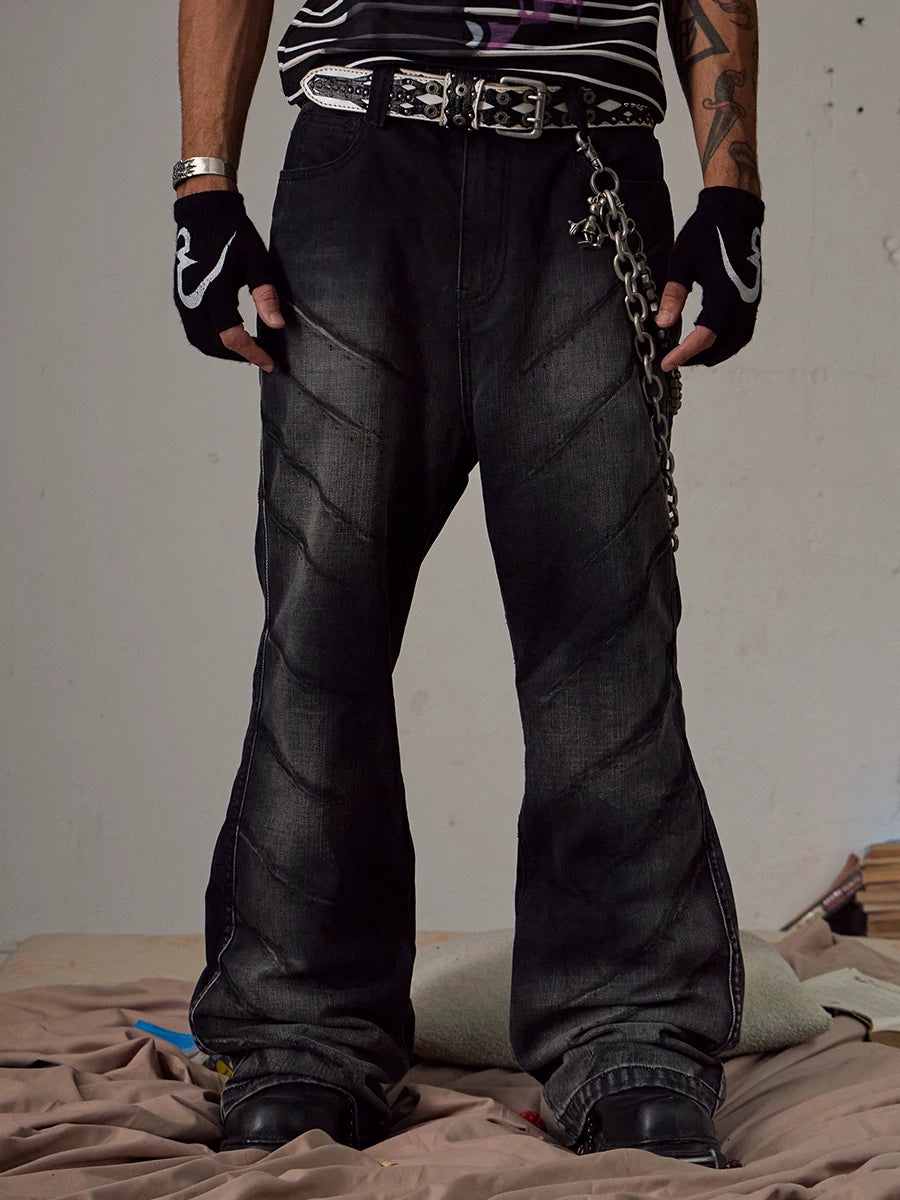 Black Washed Distressed Straight Flared Jeans