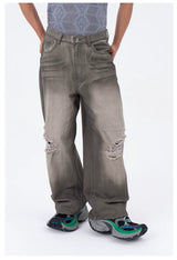 Men's Gray Vintage Distressed Wide-Leg Jeans