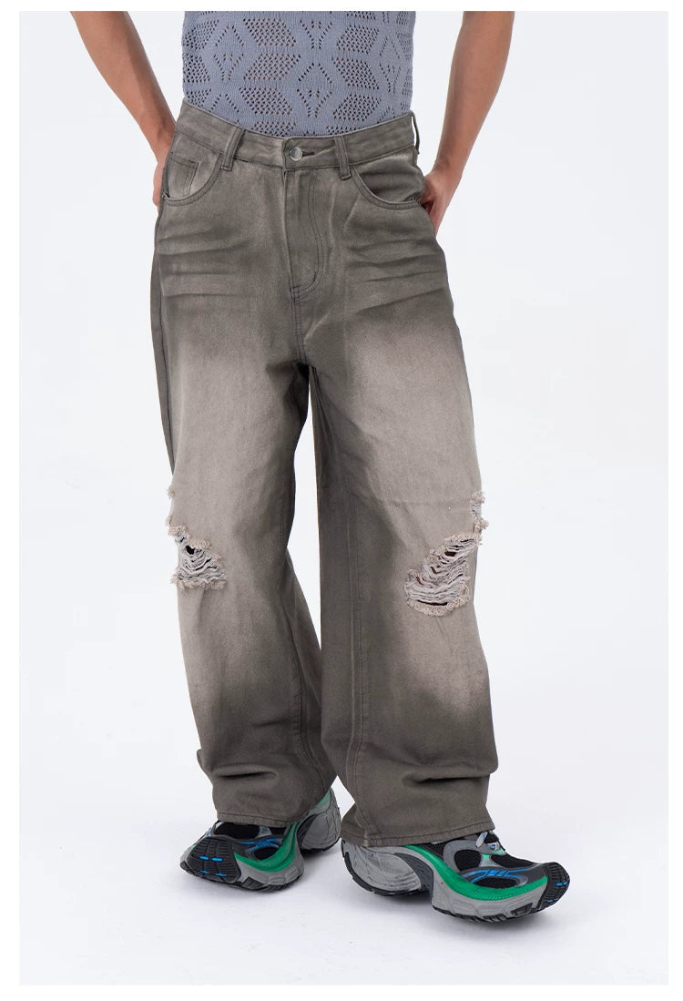 Men's Gray Vintage Distressed Wide-Leg Jeans