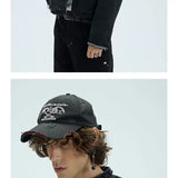 Long Brim Red Embroidered Distressed Cap