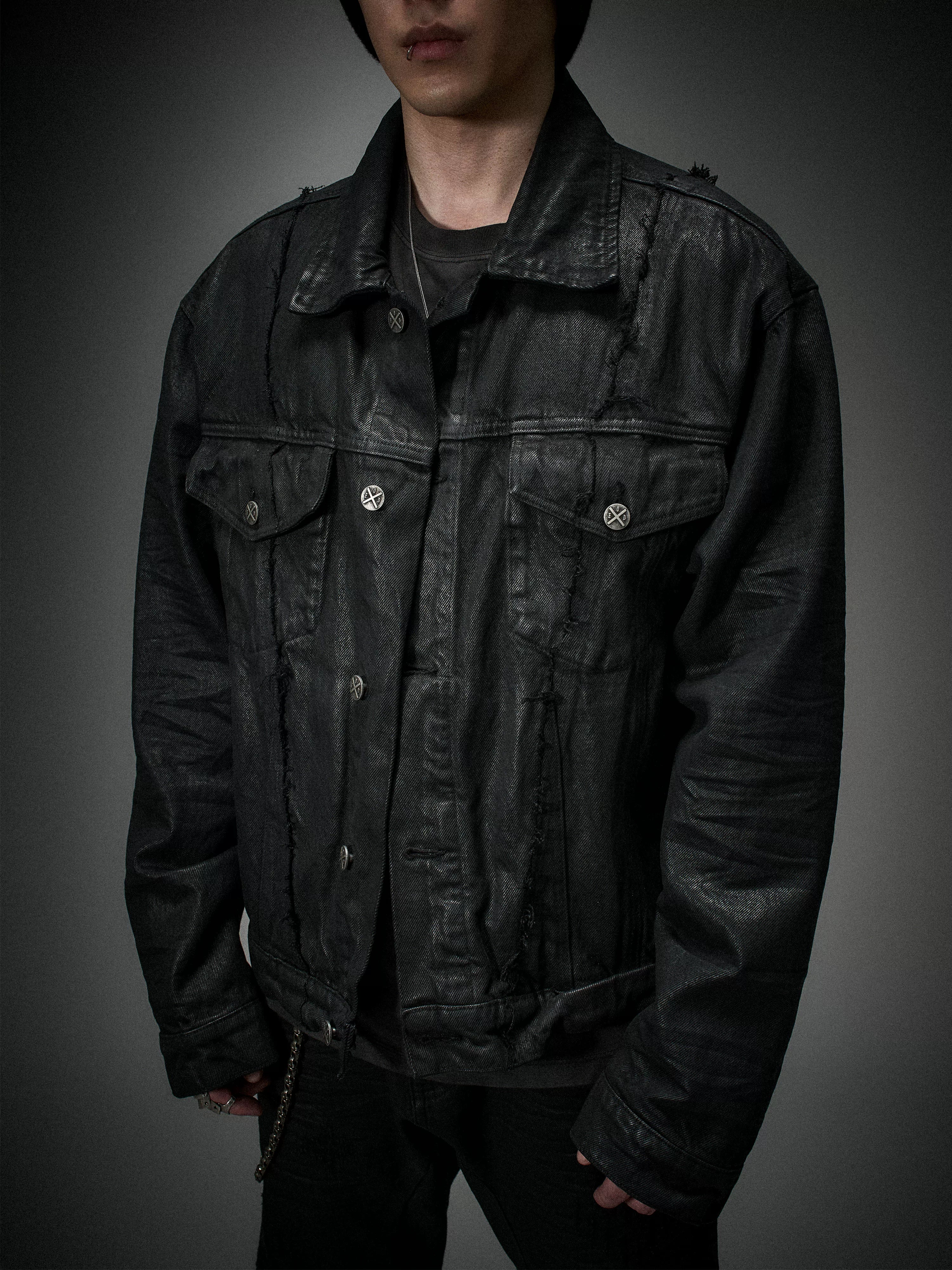 Dark Distressed Patchwork Relaxed Denim Jacket