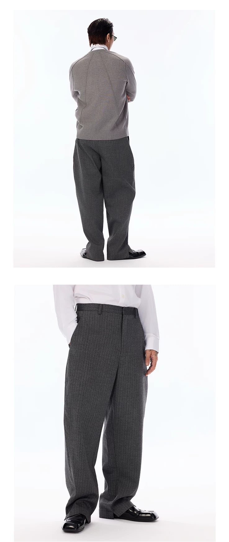 Grey Pinstripe Wool Blend Trousers