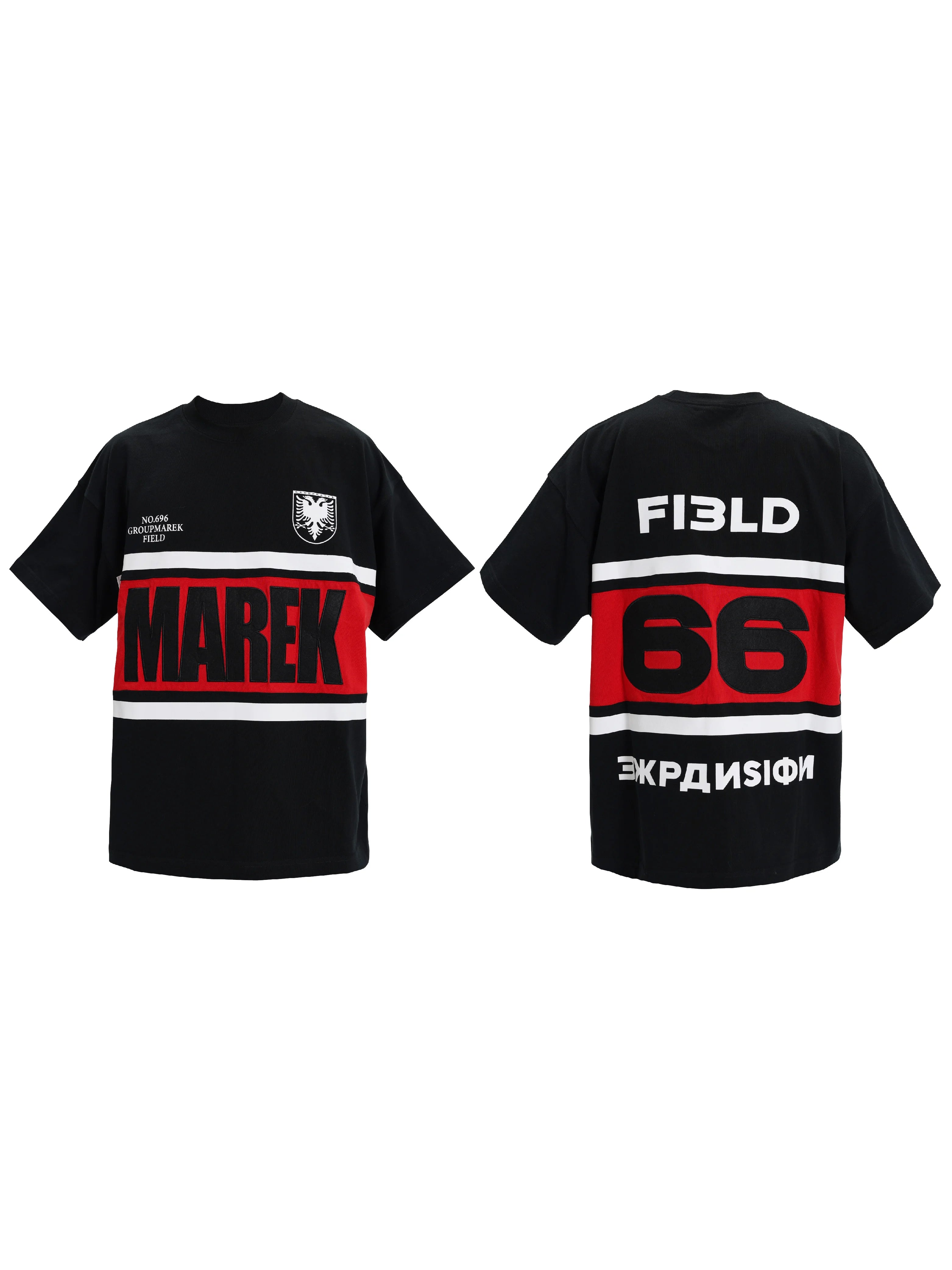 Black White Red Striped Embroidered Tee