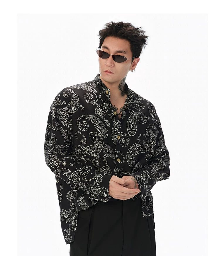 Long Sleeve Collared Paisley Silk Shirt