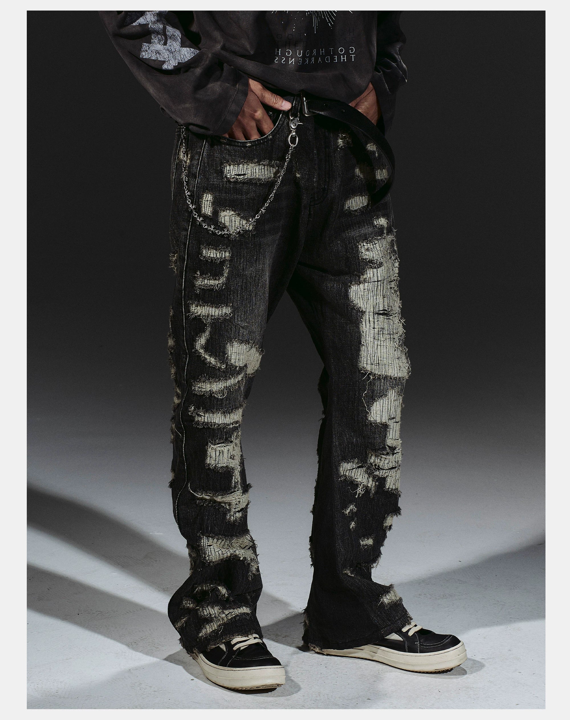 Heavyweight Distressed Embroidered Patchwork Flared Jeans