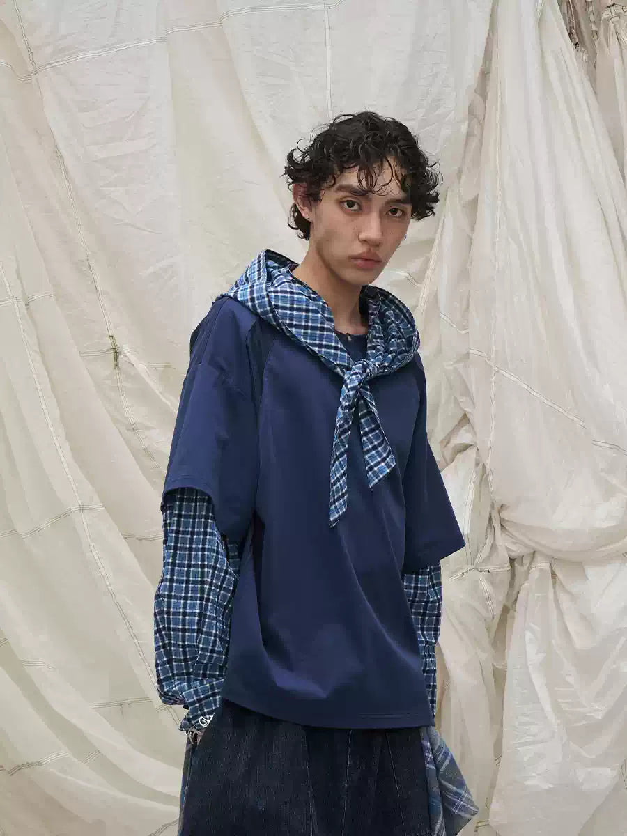 Detachable Hood Layered Plaid Shirt