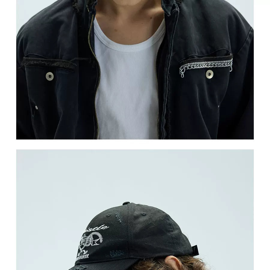 Long Brim Red Embroidered Distressed Cap