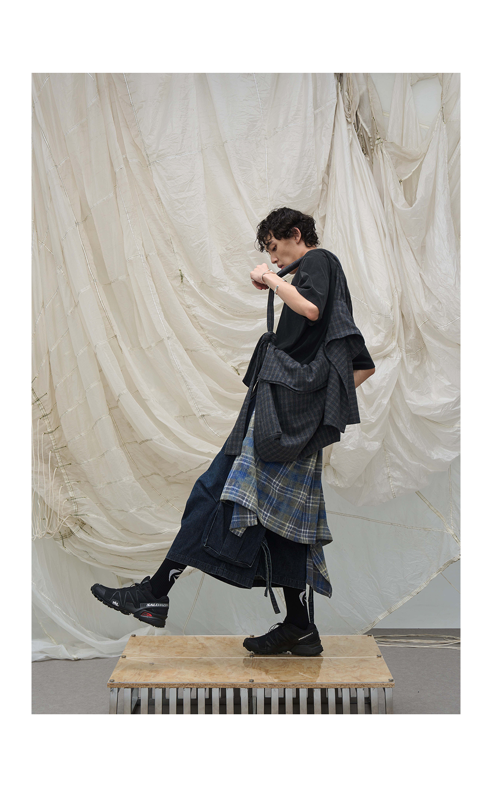 Blue Plaid Wool Multi-pocket Hobo Bag