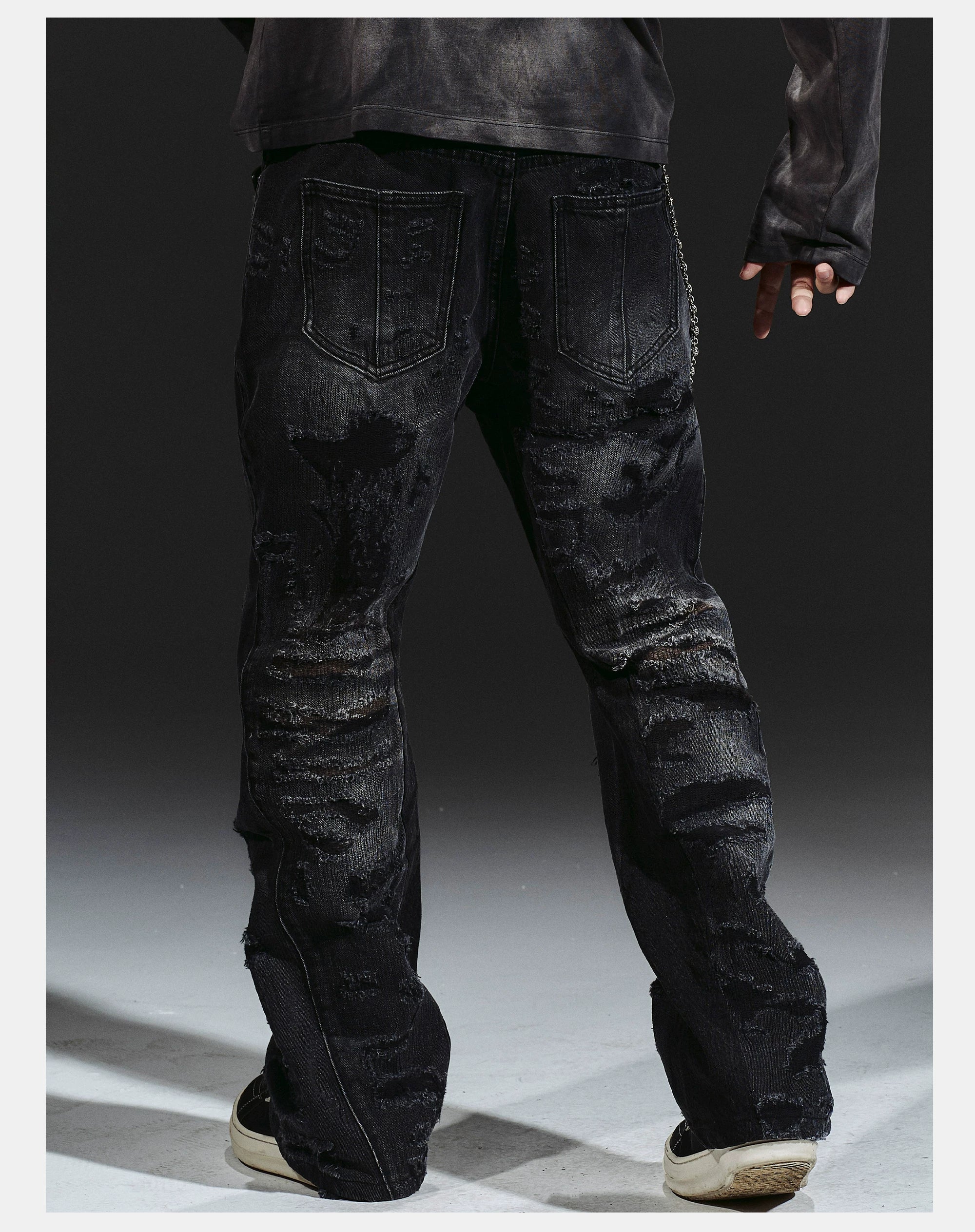 Flared Washed Distressed Patchwork Jeans