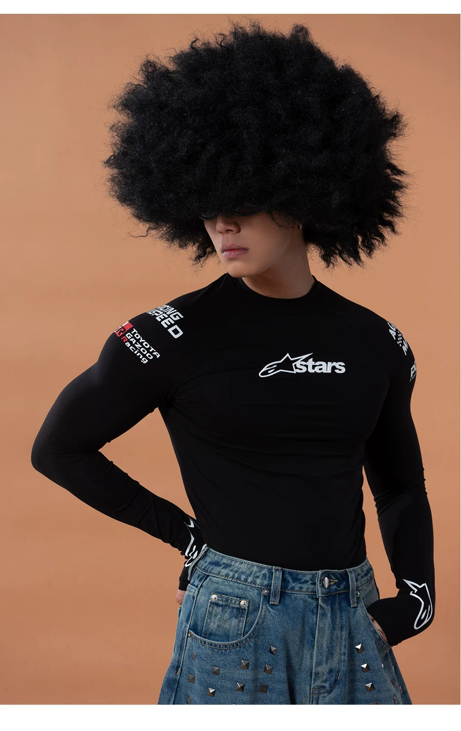 Men's Black Racing Print Long-sleeved Tee