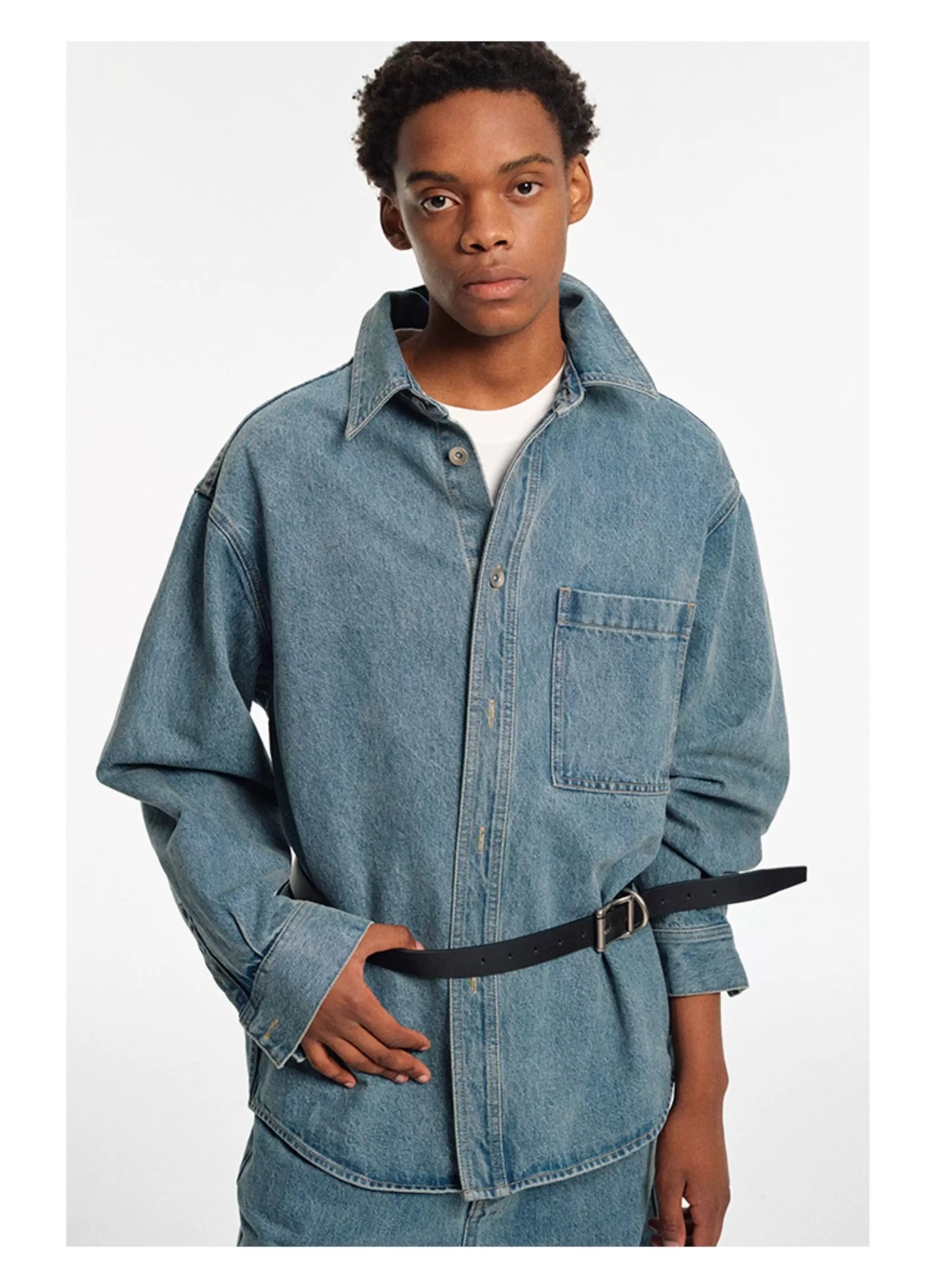 Relaxed Square Collar Distressed Denim Shirt