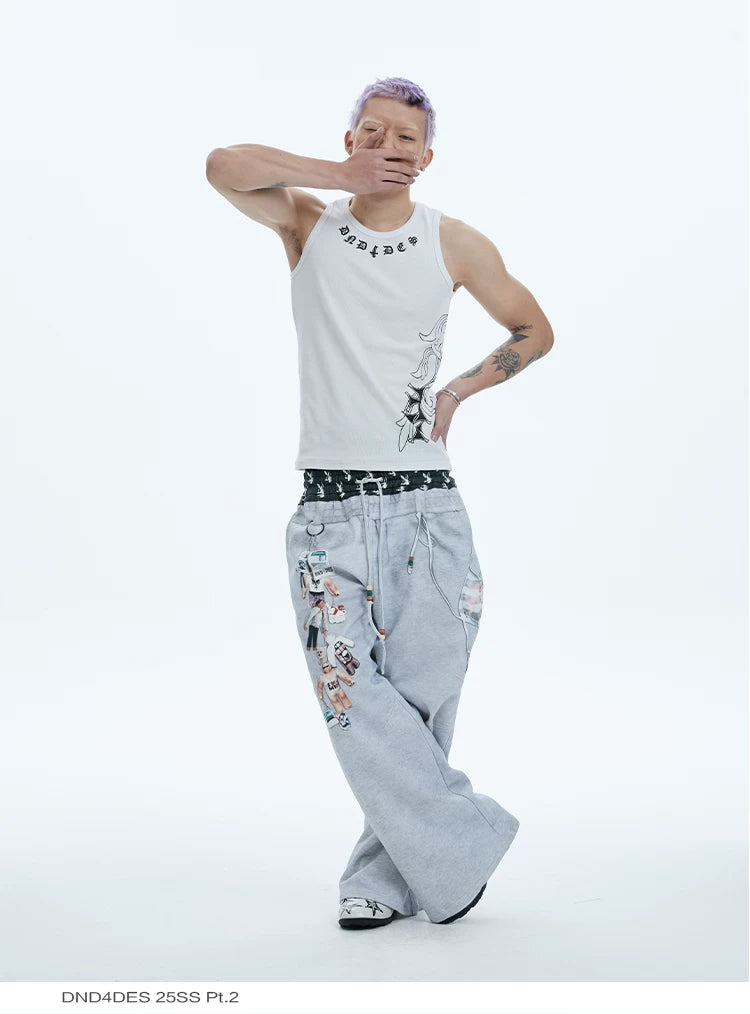 Flared Digital Print Double Waistband Sweatpants