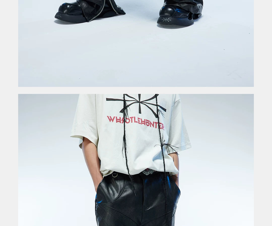 Men's Two-Tone Distressed Straight Leather Pants