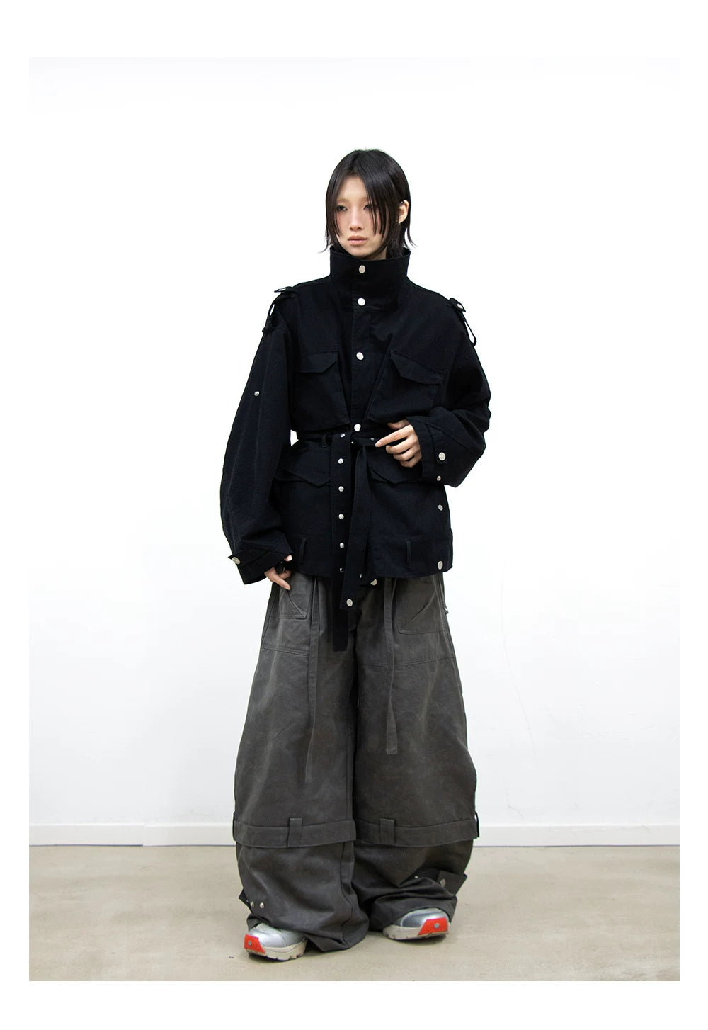 Coated Reverse Waist Cargo Pants