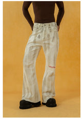 Men's Vintage White Sickle-Print Flare Jeans