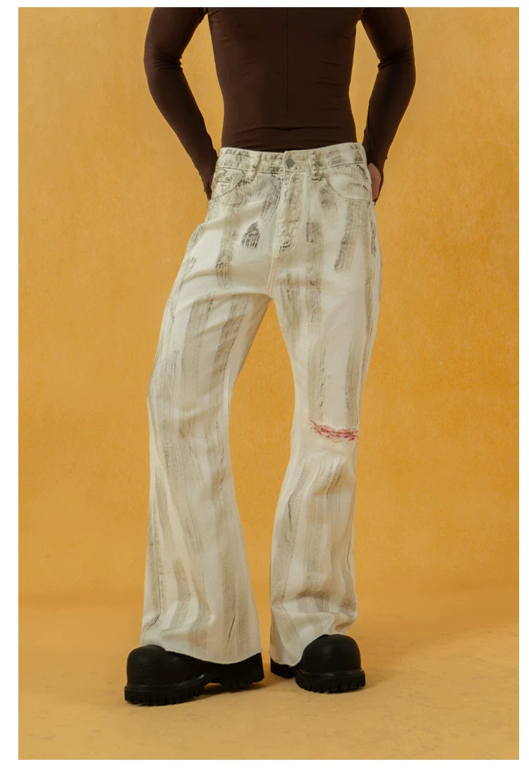 Men's Vintage White Sickle-Print Flare Jeans