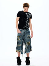 Street Style Splatter Ripped Cropped Pants