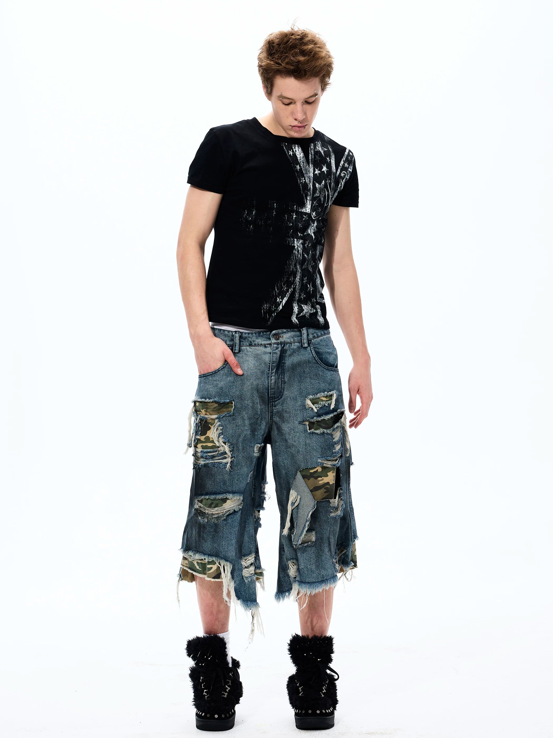 Street Style Splatter Ripped Cropped Pants