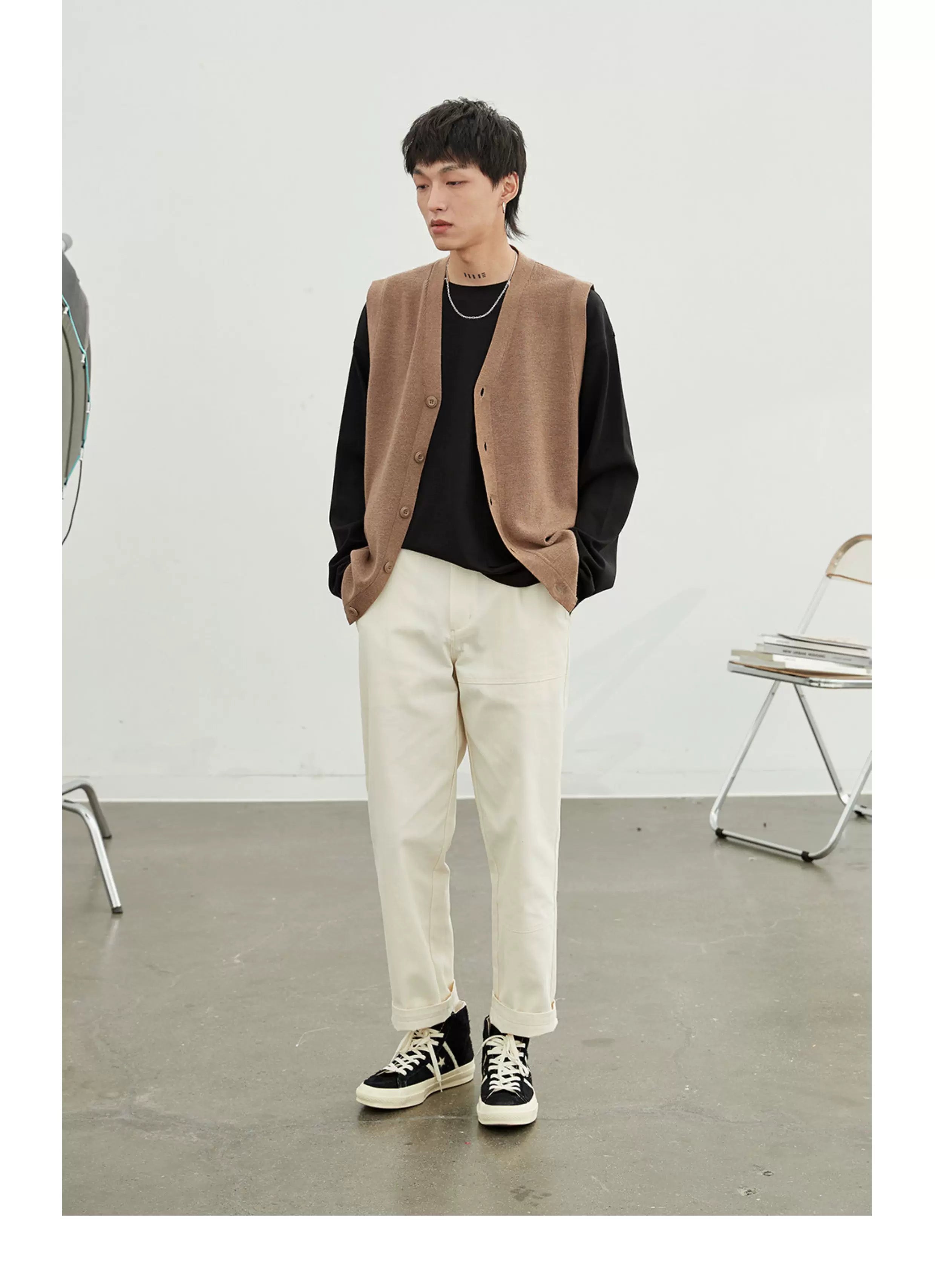 Vintage Herringbone Elastic Waist Cargo Pants