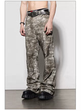 Rugged Distressed Camo Flare Cargo Pants