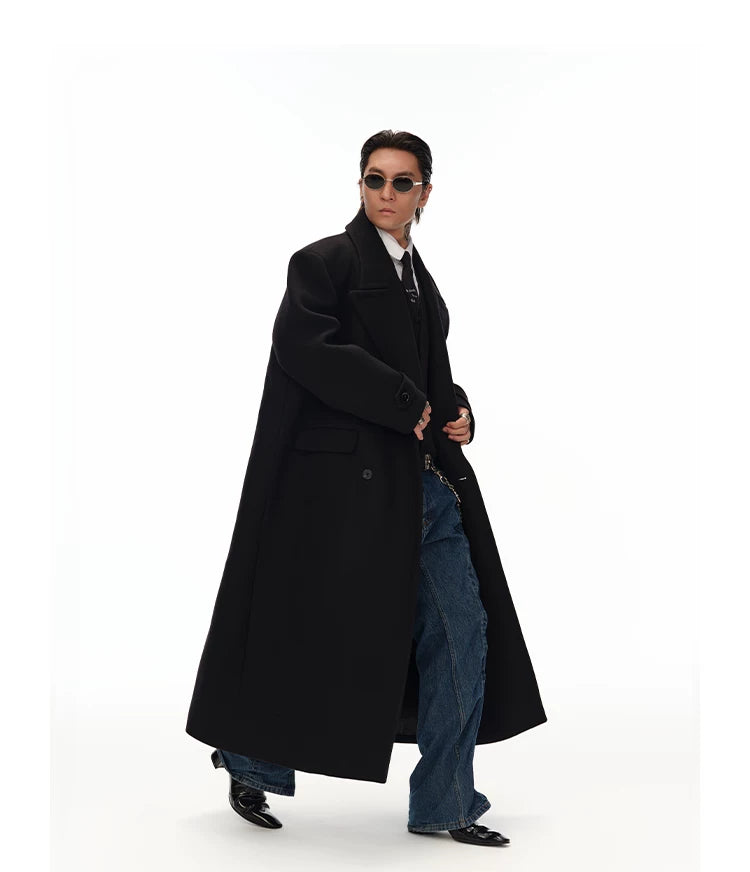 Men's Long Black Double-breasted Wool Coat