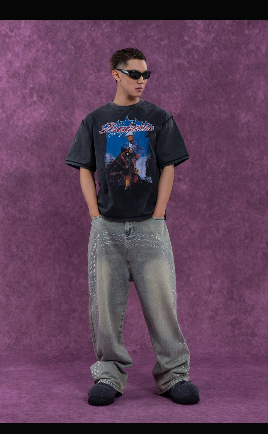 Men's Vintage Light Blue Sequined Jeans