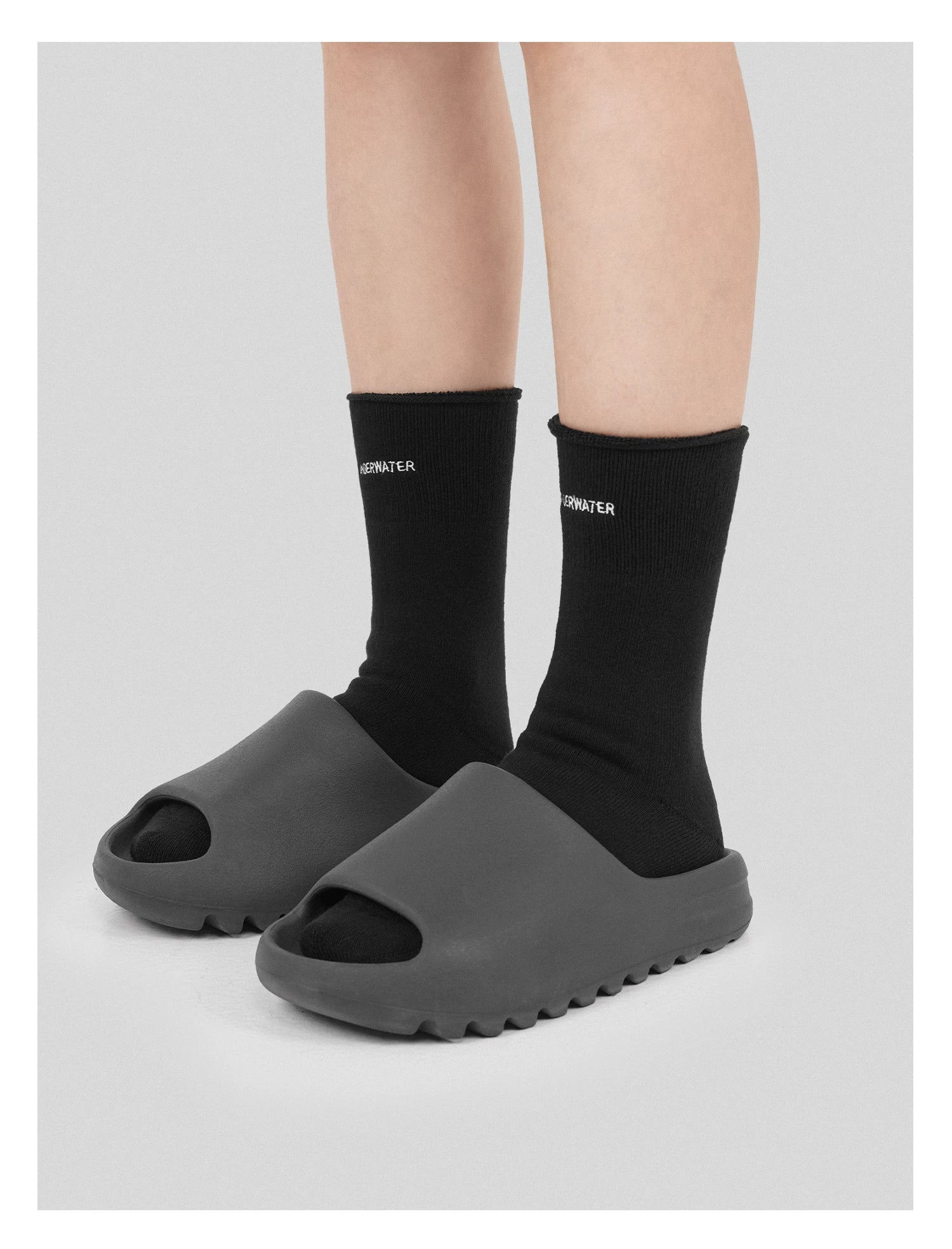 Black Embroidered Brushed Long Socks