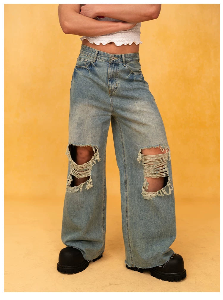 Men's Blue Distressed Wide Leg Jeans