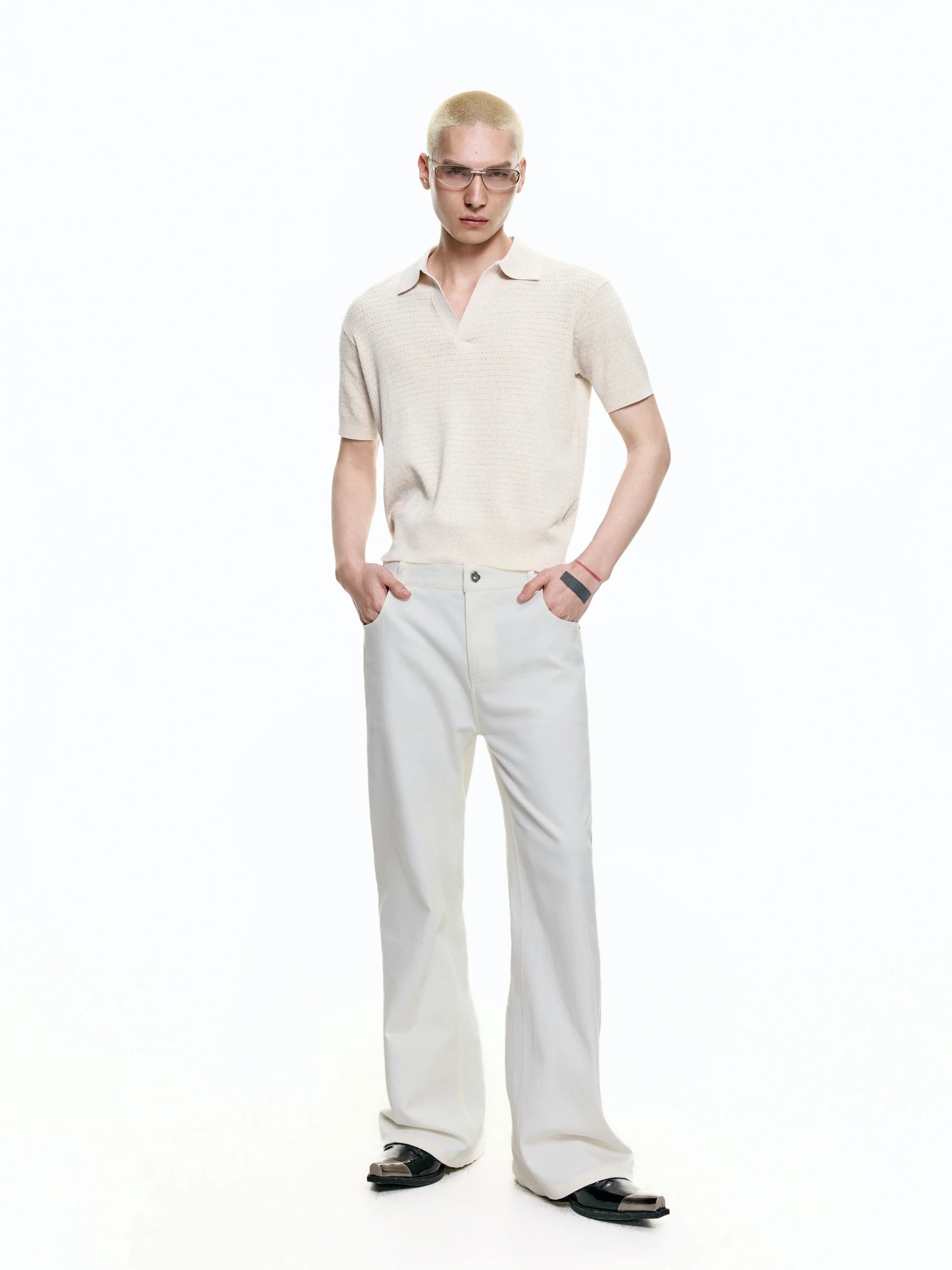 Cutout Lapel Short Sleeves Knit Polo