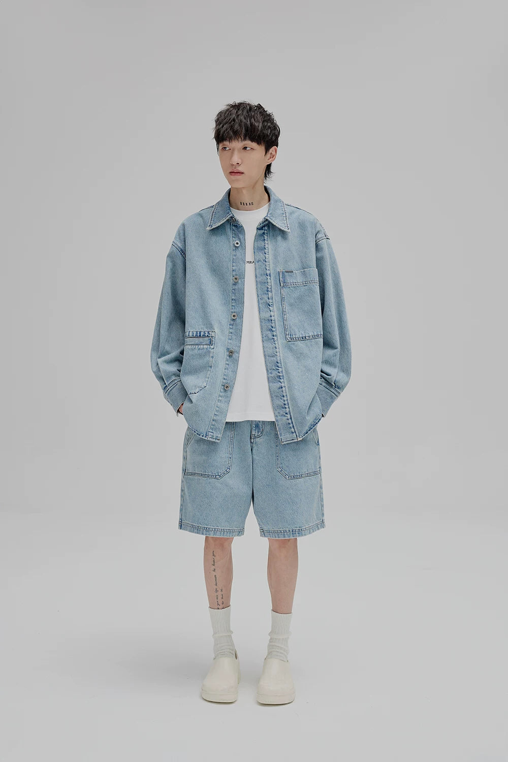 14Oz Washed Denim Asymmetric-Pocket Shirt Jacket