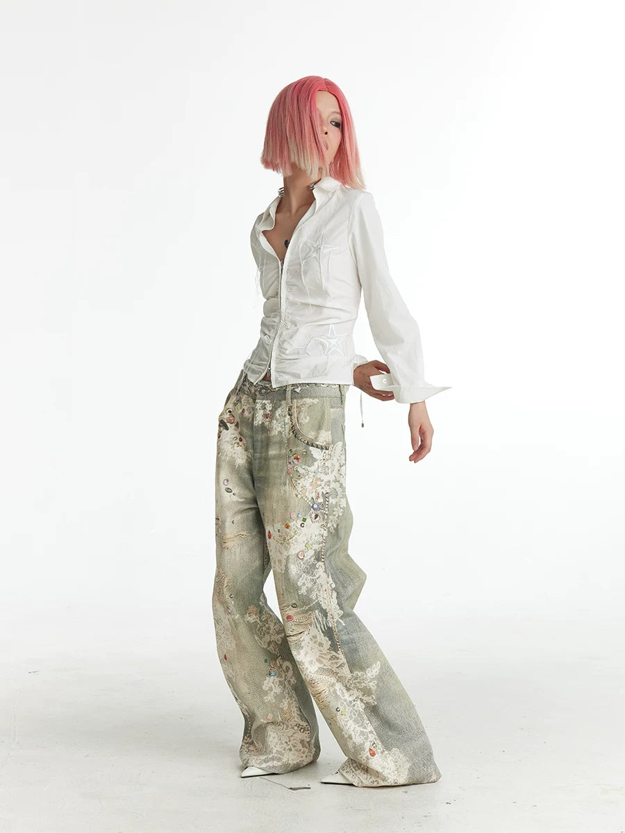 Vintage Digital Lace Print Flare Jeans