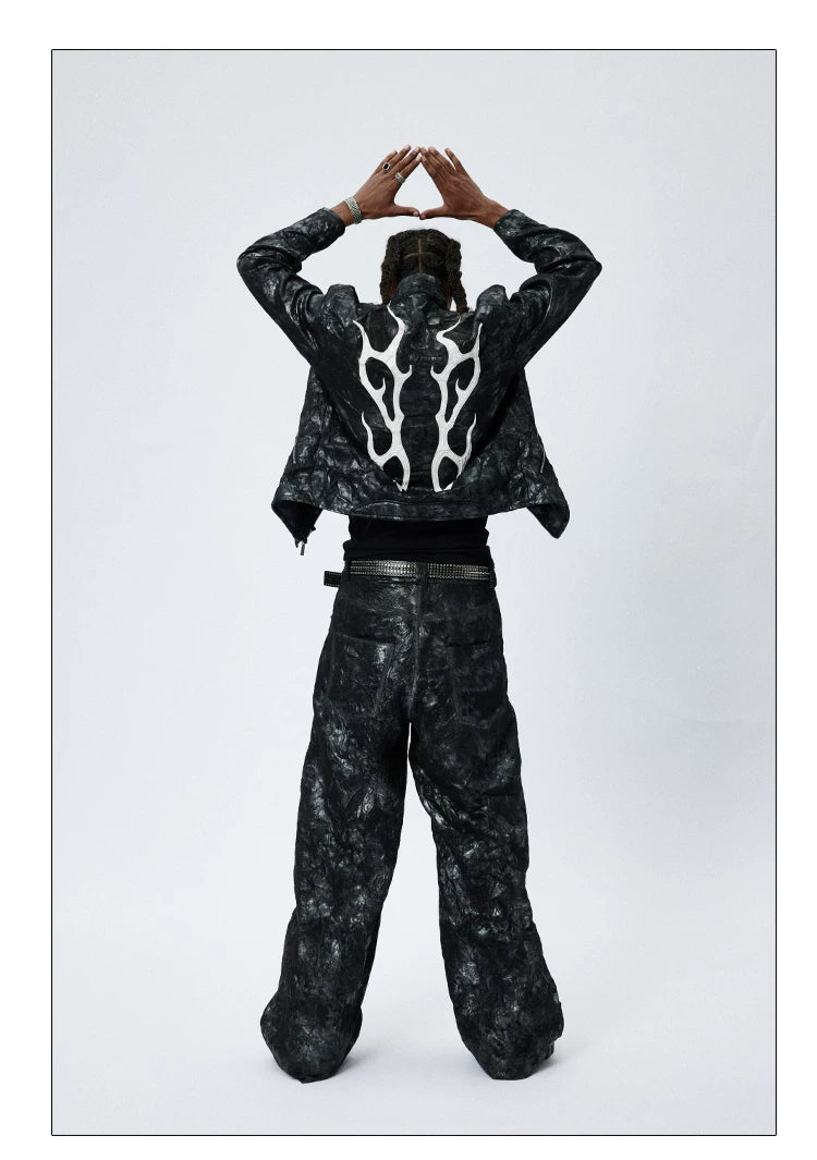 American Printed Pleated Leather Biker Jacket