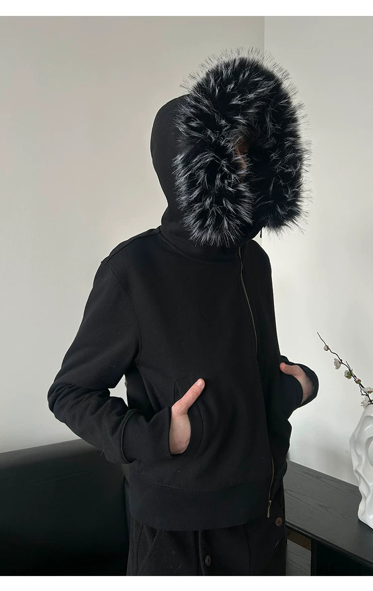 Detachable Fur Collar Slant Zip Hoodie