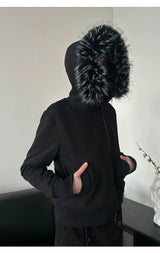 Detachable Fur Collar Slant Zip Hoodie