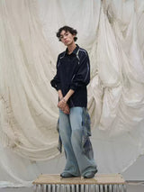Washed Semi-Zip Relaxed Straight Leather-Patch Jeans