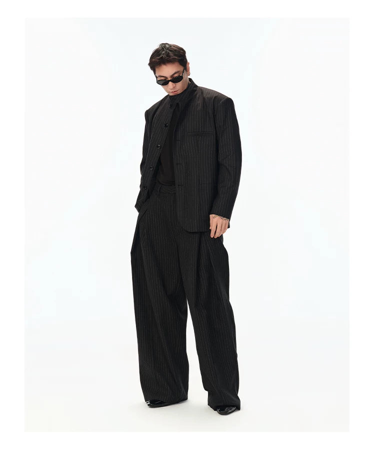 Black Striped Wool Stand Collar Blazer