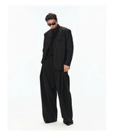 Black Striped Wool Stand Collar Blazer