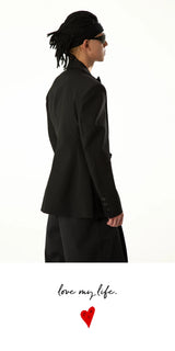 Black Wool Ribbon Pleated Waist-Tailored Blazer