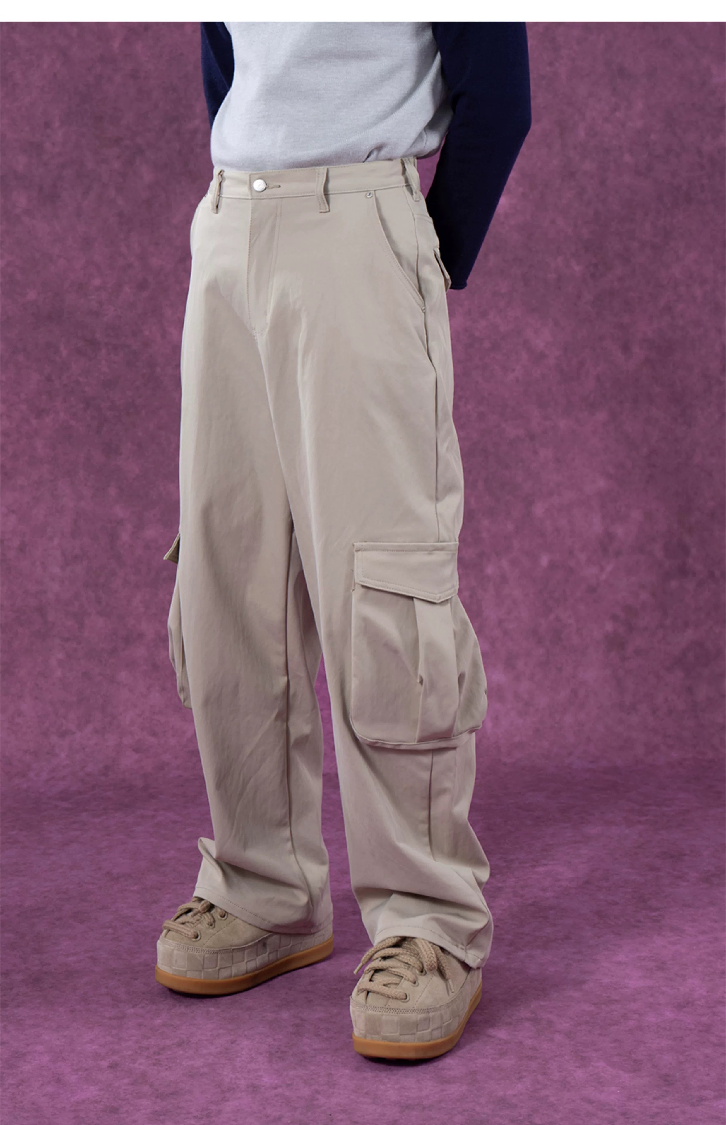 Men's Pink Beige Multi-pocket Cargo Pants