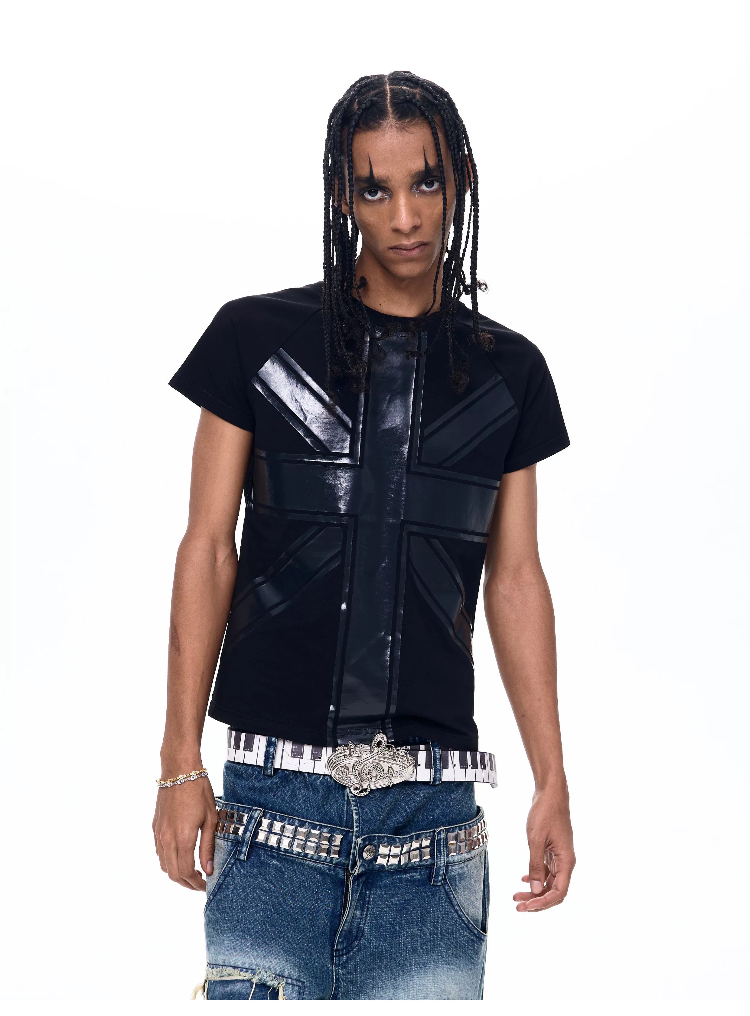 Black Printed Cross Crew Neck Tees
