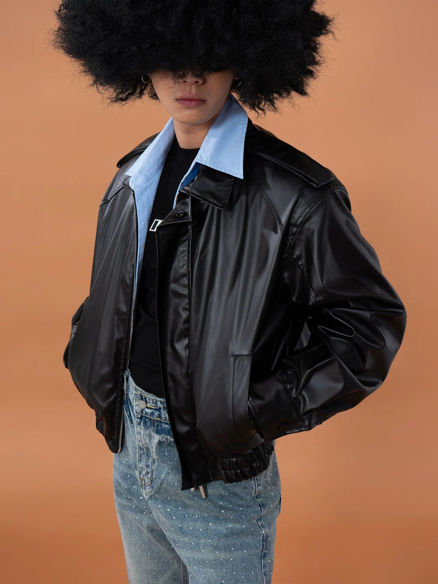 Black Shirt-Collared Faux Leather Moto Jacket